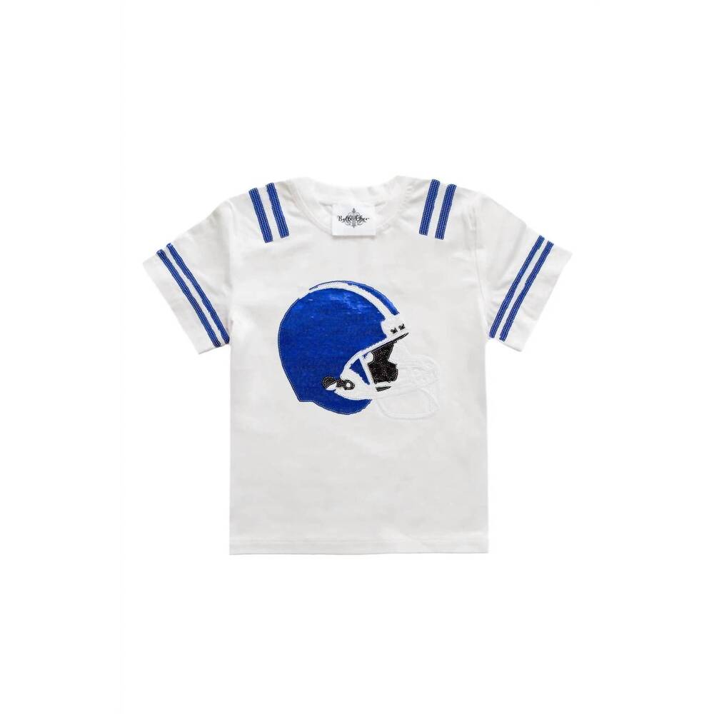 NEW BELLE CHER women's sequin football helmet shirt in royal blue & white